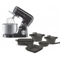 Mienta Platinum Plus Kitchen Machine, 5.5 Liters, 1300 Watt, Black - KM38232B with Artisan Granite Cookware Set, 7 Pieces - Black